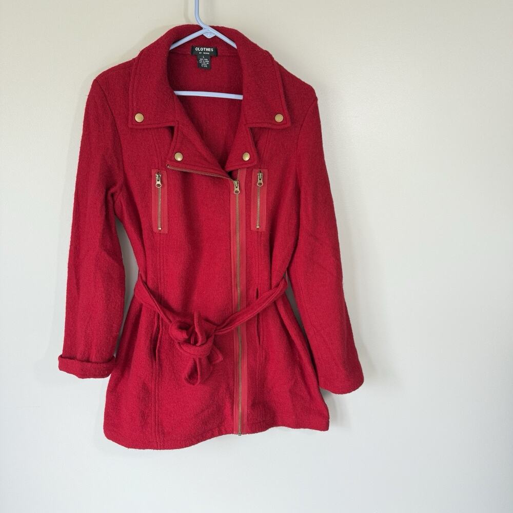VTG Clothes By Revue Trench Coat Jacket Sz L Red 100% Boiled Wool Lightweight